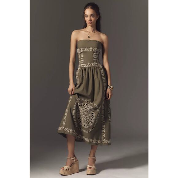 Anthropologie Dresses & Skirts - New Anthropologie Strapless Drop-Waist Embroidered Midi Dress $268 Large Olive